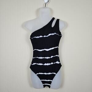 Becca Tie Dye One Shoulder One Piece Swimsuit Medium Black White Beach Travel